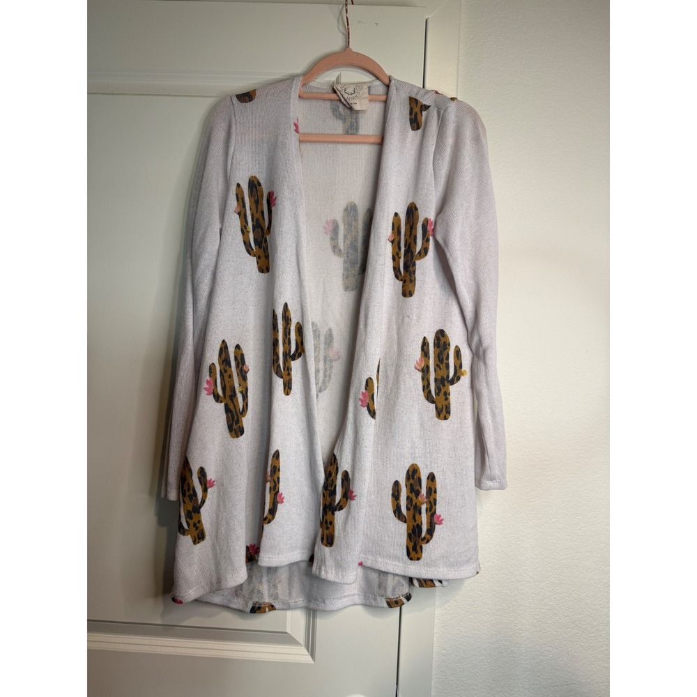 Fantastic Fawn Womens Leopard Cactus Open Front Cardigan White Desert Western M